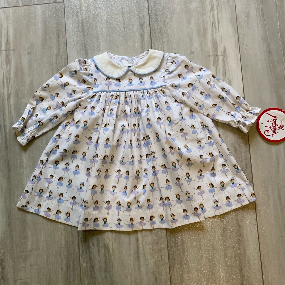 NWT Funtasia Too! Cotton Long Sleeve Ballerina Print Dress Peter Pan Collar 12M